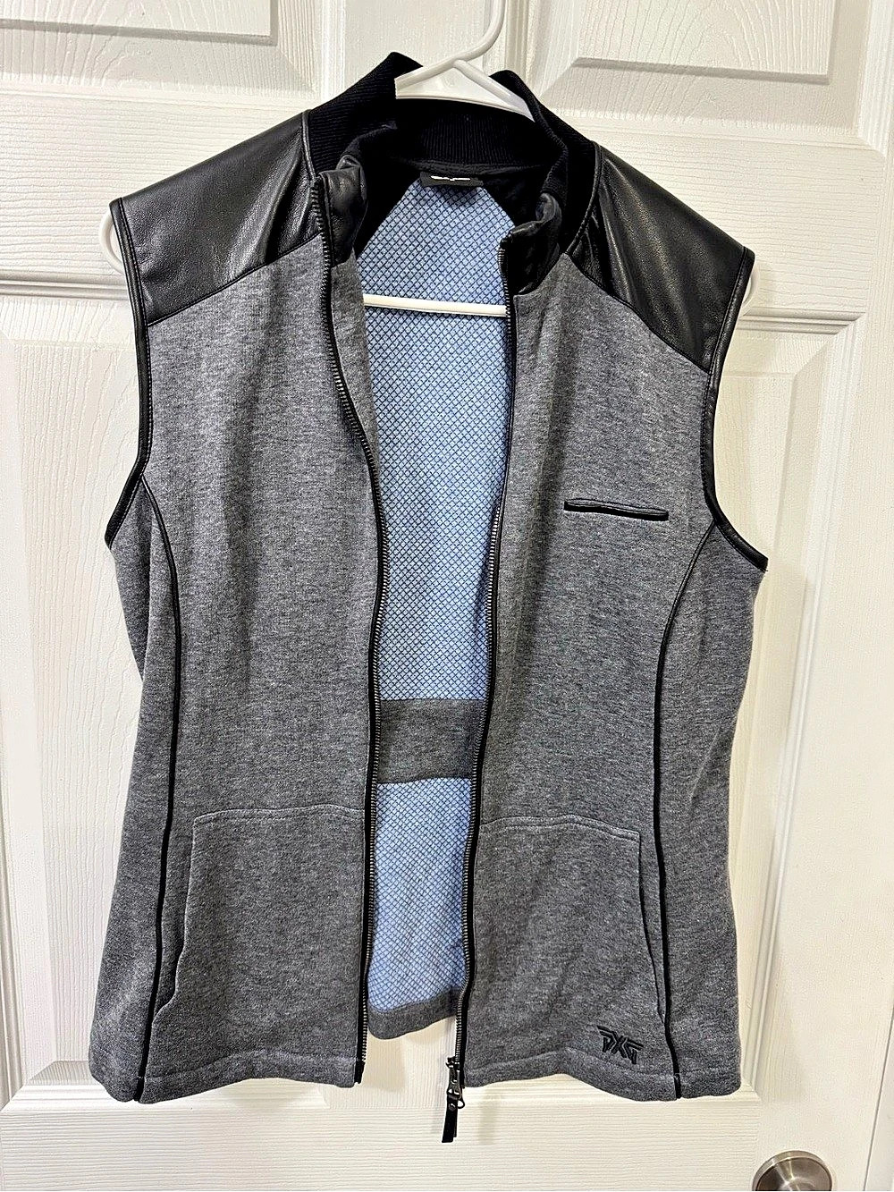 PXG Women’s Gray Black Golf Vest Faux Leather Trim Full Zip